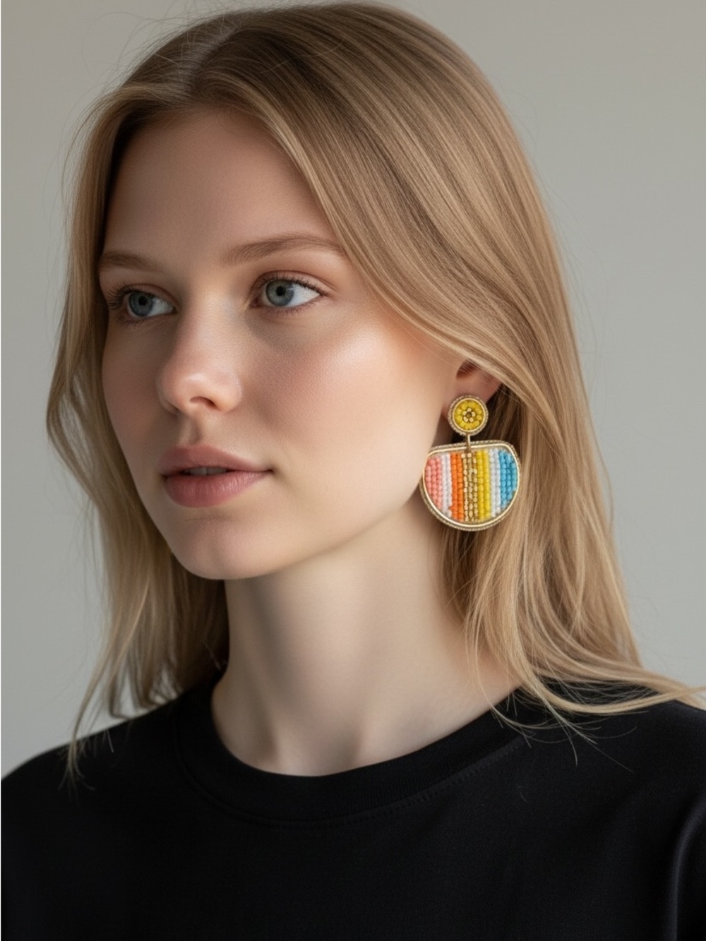 9/27 Multi-Color Beaded Drop Earrings - Yellow Accent